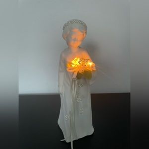 Vintage Ceramic Angel with Beaded Halo & Holding Flowers 10” H. Lights-Up